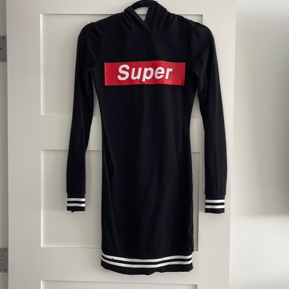Black long sleeve hooded sweater dress